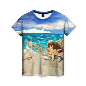 Женская футболка 3D с принтом Морской пляж 4 в Петрозаводске, 100% полиэфир ( синтетическое хлопкоподобное полотно) | прямой крой, круглый вырез горловины, длина до линии бедер | море | отдых | отпуск | пляж | ракушки | туризм
