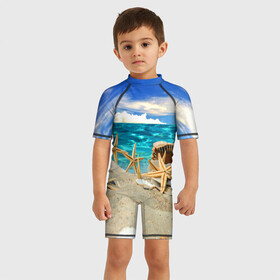 Детский купальный костюм 3D с принтом Морской пляж 4 в Петрозаводске, Полиэстер 85%, Спандекс 15% | застежка на молнии на спине | море | отдых | отпуск | пляж | ракушки | туризм