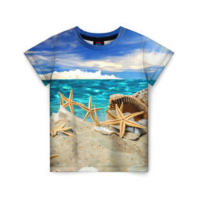 Детская футболка 3D с принтом Морской пляж 4 в Петрозаводске, 100% гипоаллергенный полиэфир | прямой крой, круглый вырез горловины, длина до линии бедер, чуть спущенное плечо, ткань немного тянется | Тематика изображения на принте: море | отдых | отпуск | пляж | ракушки | туризм