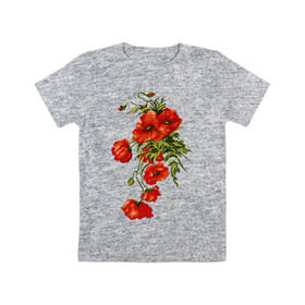 Детская футболка хлопок с принтом Маки в Петрозаводске, 100% хлопок | круглый вырез горловины, полуприлегающий силуэт, длина до линии бедер | embroidery | flowers | poppies | red | wild | вышивка | красные | маки | полевые | цветы