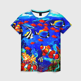 Женская футболка 3D с принтом Рыбки в Петрозаводске, 100% полиэфир ( синтетическое хлопкоподобное полотно) | прямой крой, круглый вырез горловины, длина до линии бедер | аквариум | вода | лето | море | риф | рыбки | тропики | фауна