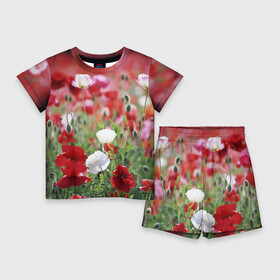 Детский костюм с шортами 3D с принтом Маки в Петрозаводске,  |  | field | flowers | meadow | poppies | red | white | белые | красные | луг | маки | поле | полевые | цветы