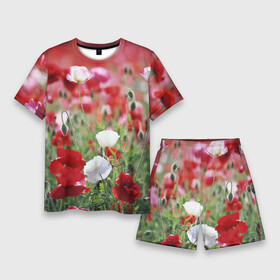 Мужской костюм с шортами 3D с принтом Маки в Петрозаводске,  |  | field | flowers | meadow | poppies | red | white | белые | красные | луг | маки | поле | полевые | цветы