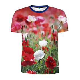 Мужская футболка 3D спортивная с принтом Маки в Петрозаводске, 100% полиэстер с улучшенными характеристиками | приталенный силуэт, круглая горловина, широкие плечи, сужается к линии бедра | field | flowers | meadow | poppies | red | white | белые | красные | луг | маки | поле | полевые | цветы