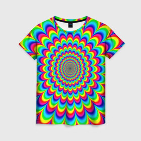Женская футболка 3D с принтом Psychedelic в Петрозаводске, 100% полиэфир ( синтетическое хлопкоподобное полотно) | прямой крой, круглый вырез горловины, длина до линии бедер | круги | радужный | разоцветный | яркий