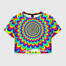 Женская футболка 3D укороченная с принтом Psychedelic в Петрозаводске, 100% полиэстер | круглая горловина, длина футболки до линии талии, рукава с отворотами | круги | радужный | разоцветный | яркий