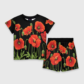 Детский костюм с шортами 3D с принтом Маки в Петрозаводске,  |  | field | flowers | meadow | poppies | red | white | белые | красные | луг | маки | поле | полевые | цветы