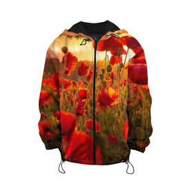 Детская куртка 3D с принтом Маки в Петрозаводске, 100% полиэстер | застежка — молния, подол и капюшон оформлены резинкой с фиксаторами, по бокам — два кармана без застежек, один потайной карман на груди, плотность верхнего слоя — 90 г/м2; плотность флисового подклада — 260 г/м2 | field | flowers | meadow | nature | poppies | red | sky | summer | sun | sunset | wild | закат | красные | лето | луг | маки | небо | поле | полевые | природа | солнце | цветы