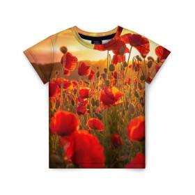 Детская футболка 3D с принтом Маки в Петрозаводске, 100% гипоаллергенный полиэфир | прямой крой, круглый вырез горловины, длина до линии бедер, чуть спущенное плечо, ткань немного тянется | Тематика изображения на принте: field | flowers | meadow | nature | poppies | red | sky | summer | sun | sunset | wild | закат | красные | лето | луг | маки | небо | поле | полевые | природа | солнце | цветы