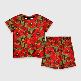 Детский костюм с шортами 3D с принтом Маки в Петрозаводске,  |  | flowers | poppies | red | wild | красные | мак | маки | полевые | цветы