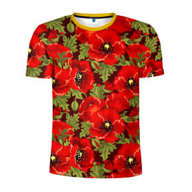 Мужская футболка 3D спортивная с принтом Маки в Петрозаводске, 100% полиэстер с улучшенными характеристиками | приталенный силуэт, круглая горловина, широкие плечи, сужается к линии бедра | flowers | poppies | red | wild | красные | мак | маки | полевые | цветы