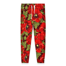 Женские брюки 3D с принтом Маки в Петрозаводске, полиэстер 100% | прямой крой, два кармана без застежек по бокам, с мягкой трикотажной резинкой на поясе и по низу штанин. В поясе для дополнительного комфорта — широкие завязки | flowers | poppies | red | wild | красные | мак | маки | полевые | цветы