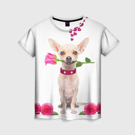 Женская футболка 3D с принтом С Любовью в Петрозаводске, 100% полиэфир ( синтетическое хлопкоподобное полотно) | прямой крой, круглый вырез горловины, длина до линии бедер | любовь | милый | подарок | прикол | розы | собака | цветы | щенок