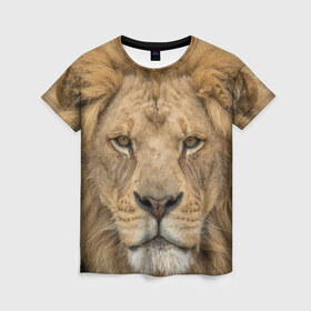 Женская футболка 3D с принтом Лев в Петрозаводске, 100% полиэфир ( синтетическое хлопкоподобное полотно) | прямой крой, круглый вырез горловины, длина до линии бедер | грива | джунгли | животные | зверь | король | кровь | лев | охотник | хищник | царь