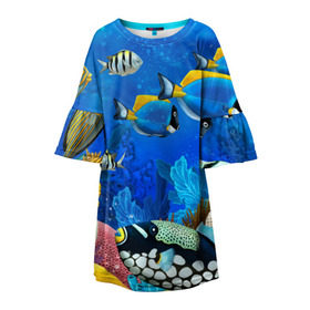 Детское платье 3D с принтом Экзотические рыбки в Петрозаводске, 100% полиэстер | прямой силуэт, чуть расширенный к низу. Круглая горловина, на рукавах — воланы | животые | красочные | морские | рыбки | цветные | экзотические