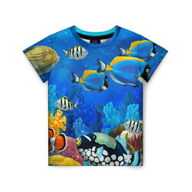 Детская футболка 3D с принтом Экзотические рыбки в Петрозаводске, 100% гипоаллергенный полиэфир | прямой крой, круглый вырез горловины, длина до линии бедер, чуть спущенное плечо, ткань немного тянется | животые | красочные | морские | рыбки | цветные | экзотические
