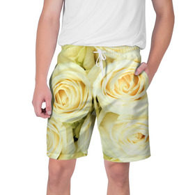 Мужские шорты 3D с принтом Белые розы в Петрозаводске,  полиэстер 100% | прямой крой, два кармана без застежек по бокам. Мягкая трикотажная резинка на поясе, внутри которой широкие завязки. Длина чуть выше колен | лепестки | розы | цветы