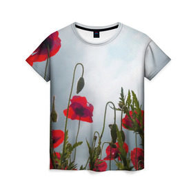 Женская футболка 3D с принтом Маки 4 в Петрозаводске, 100% полиэфир ( синтетическое хлопкоподобное полотно) | прямой крой, круглый вырез горловины, длина до линии бедер | цветы