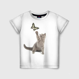 Детская футболка 3D с принтом Котенок и бабочка 3 в Петрозаводске, 100% гипоаллергенный полиэфир | прямой крой, круглый вырез горловины, длина до линии бедер, чуть спущенное плечо, ткань немного тянется | Тематика изображения на принте: кот | кошка