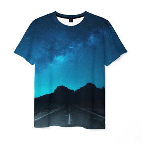 Мужская футболка 3D с принтом Дорога под чистым небом в Петрозаводске, 100% полиэфир | прямой крой, круглый вырез горловины, длина до линии бедер | osfenemy | горы | дорога | звезды | космос | красиво | небо | пейзаж | путь | черный | чудо