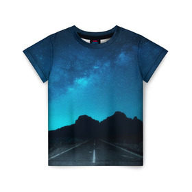 Детская футболка 3D с принтом Дорога под чистым небом в Петрозаводске, 100% гипоаллергенный полиэфир | прямой крой, круглый вырез горловины, длина до линии бедер, чуть спущенное плечо, ткань немного тянется | osfenemy | горы | дорога | звезды | космос | красиво | небо | пейзаж | путь | черный | чудо