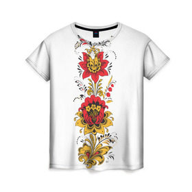 Женская футболка 3D с принтом Хохлома 2 в Петрозаводске, 100% полиэфир ( синтетическое хлопкоподобное полотно) | прямой крой, круглый вырез горловины, длина до линии бедер | ветки | лента | лист | народное | россия | русское | узор