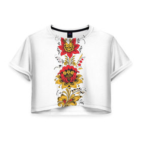 Женская футболка 3D укороченная с принтом Хохлома 2 в Петрозаводске, 100% полиэстер | круглая горловина, длина футболки до линии талии, рукава с отворотами | ветки | лента | лист | народное | россия | русское | узор