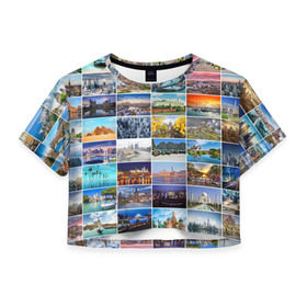 Женская футболка 3D укороченная с принтом Страны мира (10х10) в Петрозаводске, 100% полиэстер | круглая горловина, длина футболки до линии талии, рукава с отворотами | азия | берлин | вегас | венеция | воспоминания | города | достопримечательности | европа | египет | калифорния | каникулы | лондон | милан | москва | ностальгия | нью йорк | отдых | отпуск | память