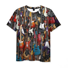 Мужская футболка 3D с принтом Электрогитары в Петрозаводске, 100% полиэфир | прямой крой, круглый вырез горловины, длина до линии бедер | fender | ibanez | ltd | stratocaster | гитара | инструмент | музыка | рок