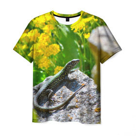 Мужская футболка 3D с принтом Ящерица в Петрозаводске, 100% полиэфир | прямой крой, круглый вырез горловины, длина до линии бедер | зеленая | поле | природа | ящерица