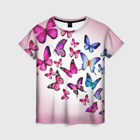 Женская футболка 3D с принтом Butterflies в Петрозаводске, 100% полиэфир ( синтетическое хлопкоподобное полотно) | прямой крой, круглый вырез горловины, длина до линии бедер | 