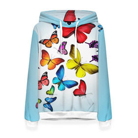 Женская толстовка 3D с принтом Butterflies в Петрозаводске, 100% полиэстер  | двухслойный капюшон со шнурком для регулировки, мягкие манжеты на рукавах и по низу толстовки, спереди карман-кенгуру с мягким внутренним слоем. | бабочки | белый | картинка | лето | природа | рисунок | розовый | цвета