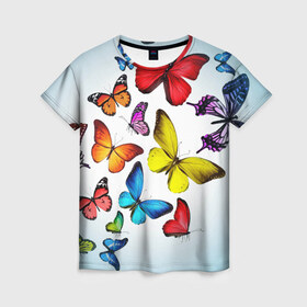 Женская футболка 3D с принтом Butterflies в Петрозаводске, 100% полиэфир ( синтетическое хлопкоподобное полотно) | прямой крой, круглый вырез горловины, длина до линии бедер | бабочки | белый | картинка | лето | природа | рисунок | розовый | цвета