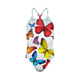 Детский купальник 3D с принтом Butterflies в Петрозаводске, Полиэстер 85%, Спандекс 15% | Слитный крой, подклад по переду изделия, узкие бретели | бабочки | белый | картинка | лето | природа | рисунок | розовый | цвета