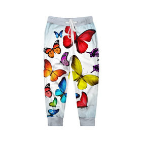 Детские брюки 3D с принтом Butterflies в Петрозаводске, 100% полиэстер | манжеты по низу, эластичный пояс регулируется шнурком, по бокам два кармана без застежек, внутренняя часть кармана из мелкой сетки | бабочки | белый | картинка | лето | природа | рисунок | розовый | цвета