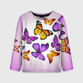 Детский лонгслив 3D с принтом Butterflies в Петрозаводске, 100% полиэстер | длинные рукава, круглый вырез горловины, полуприлегающий силуэт
 | бабочки | белый | картинка | лето | природа | рисунок | розовый | цвета