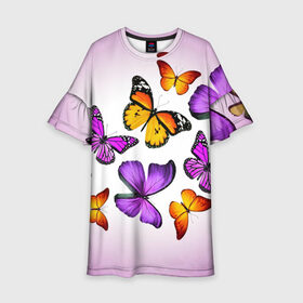 Детское платье 3D с принтом Butterflies в Петрозаводске, 100% полиэстер | прямой силуэт, чуть расширенный к низу. Круглая горловина, на рукавах — воланы | Тематика изображения на принте: бабочки | белый | картинка | лето | природа | рисунок | розовый | цвета