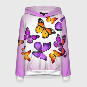 Женская толстовка 3D с принтом Butterflies в Петрозаводске, 100% полиэстер  | двухслойный капюшон со шнурком для регулировки, мягкие манжеты на рукавах и по низу толстовки, спереди карман-кенгуру с мягким внутренним слоем. | бабочки | белый | картинка | лето | природа | рисунок | розовый | цвета