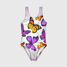 Детский купальник 3D с принтом Butterflies в Петрозаводске, Полиэстер 85%, Спандекс 15% | Слитный крой, подклад по переду изделия, узкие бретели | Тематика изображения на принте: бабочки | белый | картинка | лето | природа | рисунок | розовый | цвета