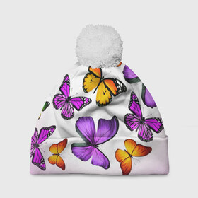 Шапка 3D c помпоном с принтом Butterflies в Петрозаводске, 100% полиэстер | универсальный размер, печать по всей поверхности изделия | Тематика изображения на принте: бабочки | белый | картинка | лето | природа | рисунок | розовый | цвета