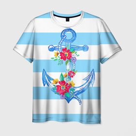 Мужская футболка 3D с принтом Якорь в Петрозаводске, 100% полиэфир | прямой крой, круглый вырез горловины, длина до линии бедер | белый | верёвка | вода | корабль | красный | море | песок | пляж | синий | цвет | цветы | якорь