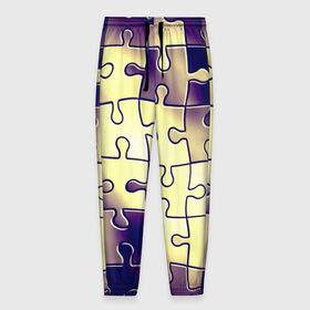 Мужские брюки 3D с принтом Пазлы в Петрозаводске, 100% полиэстер | манжеты по низу, эластичный пояс регулируется шнурком, по бокам два кармана без застежек, внутренняя часть кармана из мелкой сетки | Тематика изображения на принте: желтый | мозаика | переливы