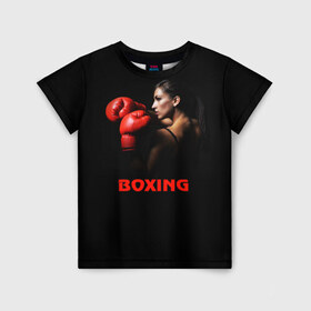 Детская футболка 3D с принтом BOXING в Петрозаводске, 100% гипоаллергенный полиэфир | прямой крой, круглый вырез горловины, длина до линии бедер, чуть спущенное плечо, ткань немного тянется | бокс. box | боксёр | боксёрские перчатки | единоборства | спорт