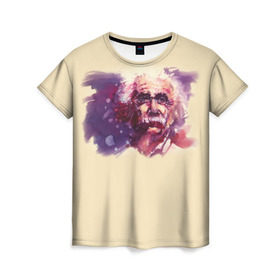 Женская футболка 3D с принтом Альберт Эйнштейн (Art) в Петрозаводске, 100% полиэфир ( синтетическое хлопкоподобное полотно) | прямой крой, круглый вырез горловины, длина до линии бедер | акварель | живопись | прикол | студент | эйнштейн
