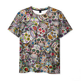 Мужская футболка 3D с принтом Мексиканские черепа в Петрозаводске, 100% полиэфир | прямой крой, круглый вырез горловины, длина до линии бедер | calavera | sugar skull | день мертвых | мексика | традиция | узоры | цветы