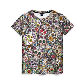 Женская футболка 3D с принтом Мексиканские черепа в Петрозаводске, 100% полиэфир ( синтетическое хлопкоподобное полотно) | прямой крой, круглый вырез горловины, длина до линии бедер | calavera | sugar skull | день мертвых | мексика | традиция | узоры | цветы