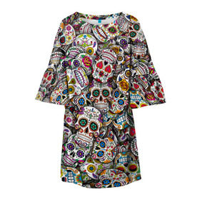 Детское платье 3D с принтом Мексиканские черепа в Петрозаводске, 100% полиэстер | прямой силуэт, чуть расширенный к низу. Круглая горловина, на рукавах — воланы | calavera | sugar skull | день мертвых | мексика | традиция | узоры | цветы
