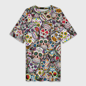 Платье-футболка 3D с принтом Мексиканские черепа в Петрозаводске,  |  | calavera | sugar skull | день мертвых | мексика | традиция | узоры | цветы