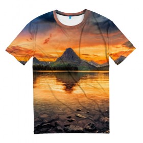 Мужская футболка 3D с принтом Гора в Петрозаводске, 100% полиэфир | прямой крой, круглый вырез горловины, длина до линии бедер | лес | небо | озеро | отражение | пейзаж | природа | солнце