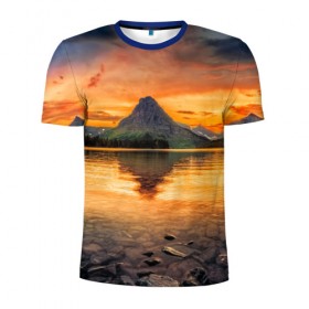 Мужская футболка 3D спортивная с принтом Гора в Петрозаводске, 100% полиэстер с улучшенными характеристиками | приталенный силуэт, круглая горловина, широкие плечи, сужается к линии бедра | лес | небо | озеро | отражение | пейзаж | природа | солнце